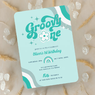 Retro Groovy One Boy 1st Birthday Uitnodiging