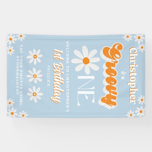 Retro Groovy One Boys 1e Verjaardag Welkom Spandoek (Horizontaal)