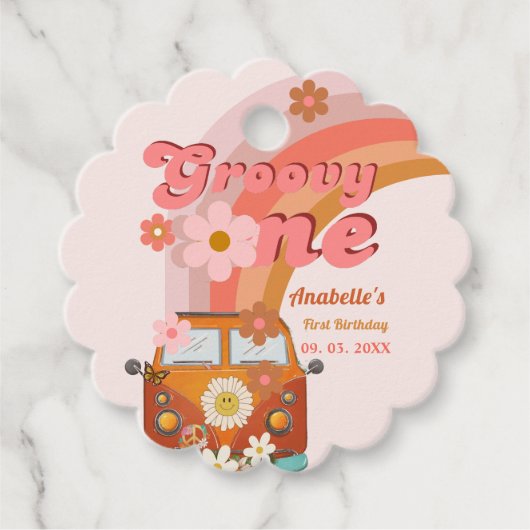 Retro Groovy One Daisy Flower Verjaardagsfeestje Bedankjes Labels (Voorkant)