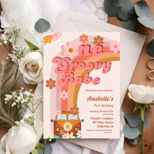 Retro Groovy One Daisy Flower Verjaardagsfeestje Kaart