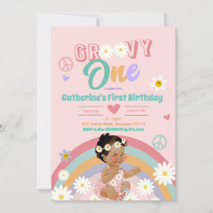 Retro Groovy One Dark Hair First Birthday Invitati Kaart