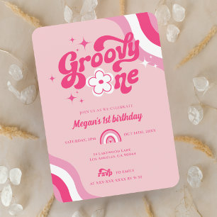 Retro Groovy One Girl 1e verjaardag uitnodiging