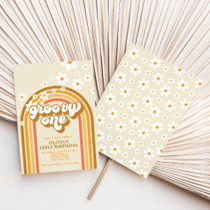 Retro Groovy One Rainbow Brown Oranje Birthday Kaart