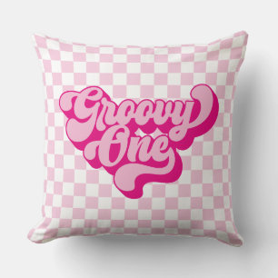 Retro Groovy One Roze en Witte Check Kussen