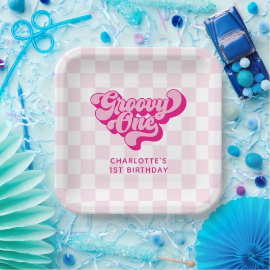 Retro Groovy One Roze en Witte Check Papieren Bordje (Feest)