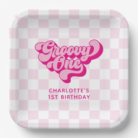 Retro Groovy One Roze en Witte Check Papieren Bordje (Voorkant)
