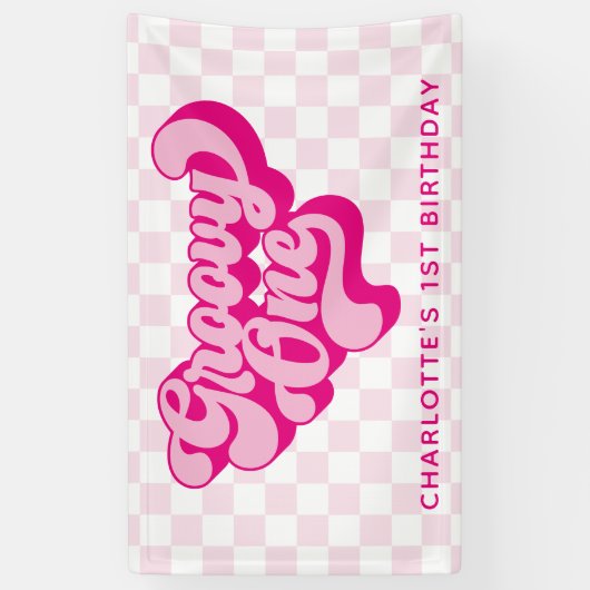 Retro Groovy One Roze en Witte Check Spandoek (Verticaal)