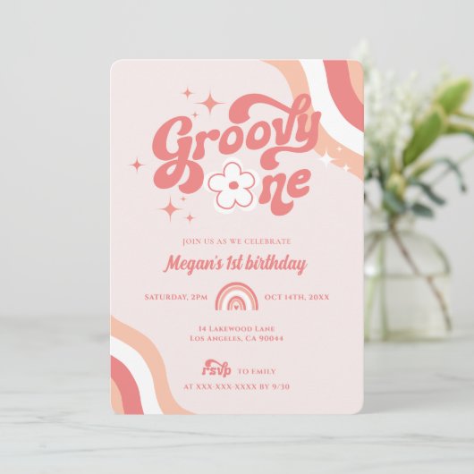 Retro Groovy One Wavy Girl 1e uitnodiging op zater (Staand voorkant)