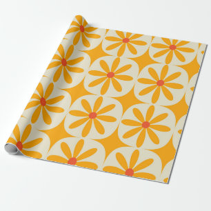 Retro Groovy Oranje Bloemen met Atomaire sterrenex Cadeaupapier