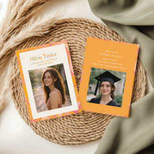 Retro Groovy Oranje Roze Foto Afstudeerfeest Kaart