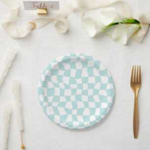 Retro Groovy Pastel Blue White Checkered Papieren Bordje