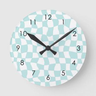 Retro Groovy Pastel Blue White Checkered Ronde Klok