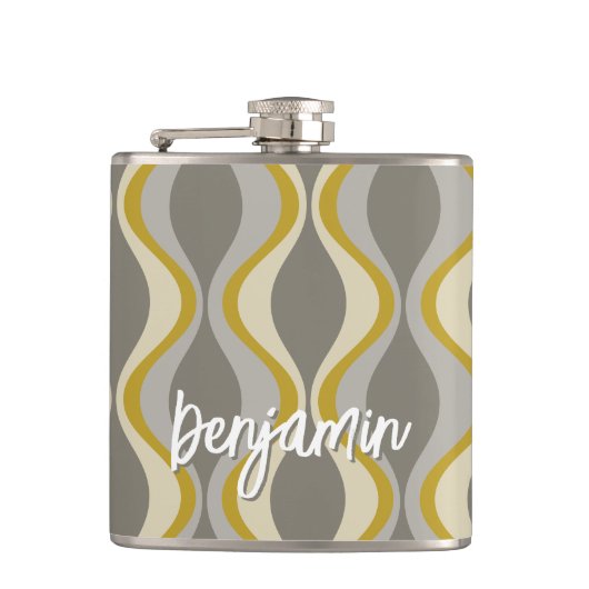 Retro Groovy Patroon - Monogram - Gouden Taupe Heupfles (Voorkant)