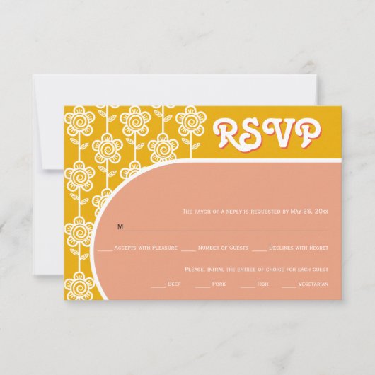 Retro groovy perzik en geel 70s bruiloft RSVP (Voorkant)