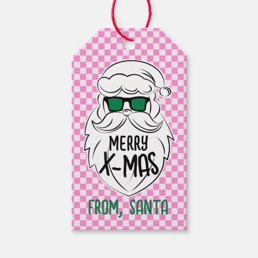 Retro Groovy Pink Checkered Santa Claus Christmas  Cadeaulabel (Voorkant)