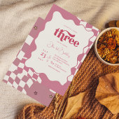 Retro Groovy Pink Checkered Three 3rd Birthday Inv Kaart