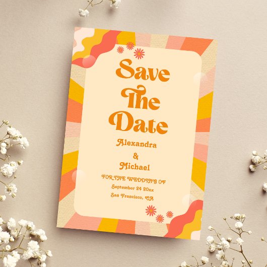 Retro Groovy Pink en Gold Wave Wedding Save the D Date