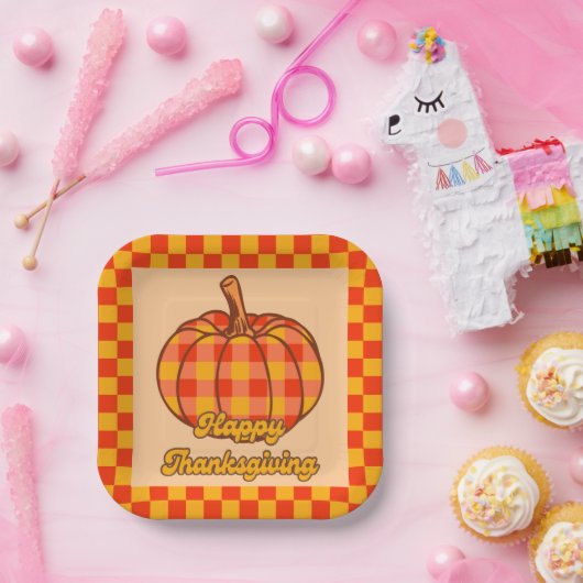 Retro Groovy Plaid Pompoen Geruite Thanksgiving Papieren Bordje (Feest)