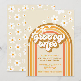 Retro Groovy Regenboog Bruine Tweeling Verjaardag Kaart