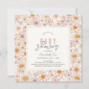 Retro Groovy Roze Bloemen Meisje Baby shower Kaart