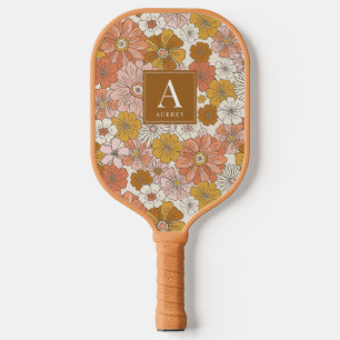 Retro & Groovy Roze Bruin Bloempatroon Pickleball Paddle