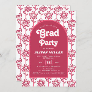 Retro groovy roze en aquabloemen 70s Afstuderen Kaart