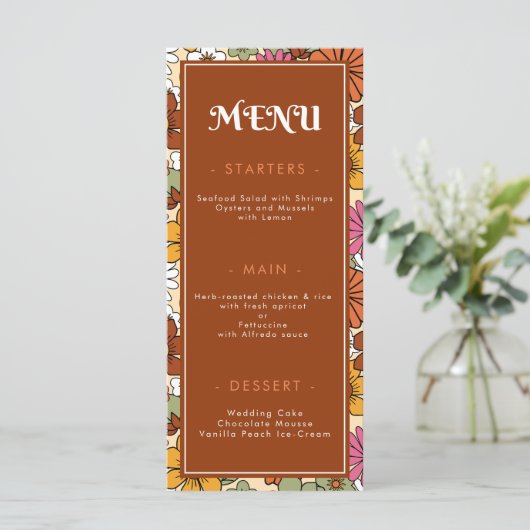 Retro Groovy Seventies Daisy Floral Hippie Wedding Menu (Staand voorkant)