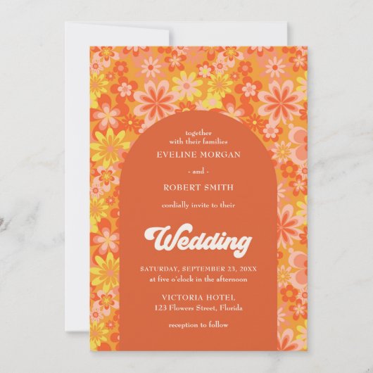 Retro groovy sinaasappel geel en roze bloemen kaart (Voorkant)