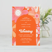 Retro groovy sinaasappel geel en roze bloemen kaart (Staand voorkant)