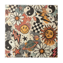 Retro Groovy Smiley Sun Daisy Psychedelic Pattern Tegeltje