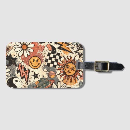 Retro Groovy Sticker Collage Pattern Smiley Face Bagagelabel (Voorkant (horizontaal))
