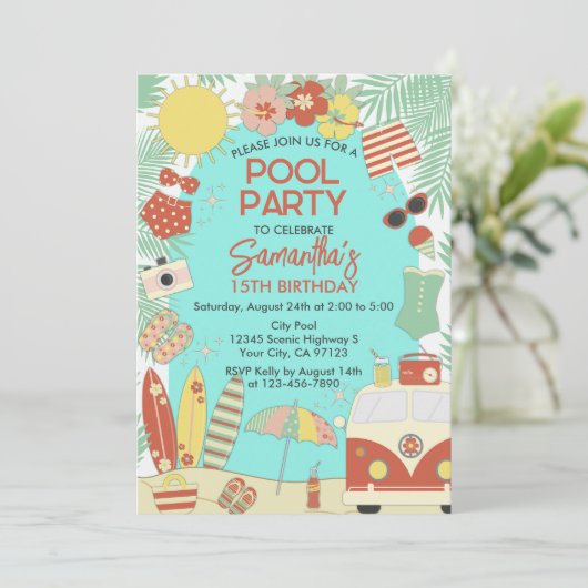 Retro Groovy Stijlvol strand of zwembad Verjaardag Kaart (Staand voorkant)