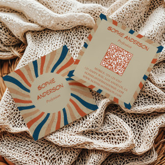 Retro Groovy Sunburst Vierkant QR Code Vierkant Vierkante Visitekaartje