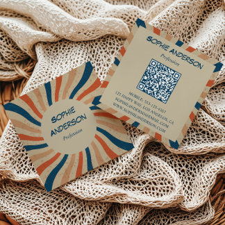 Retro Groovy Sunburst Vierkantige QR-code Vierkant Vierkante Visitekaartje
