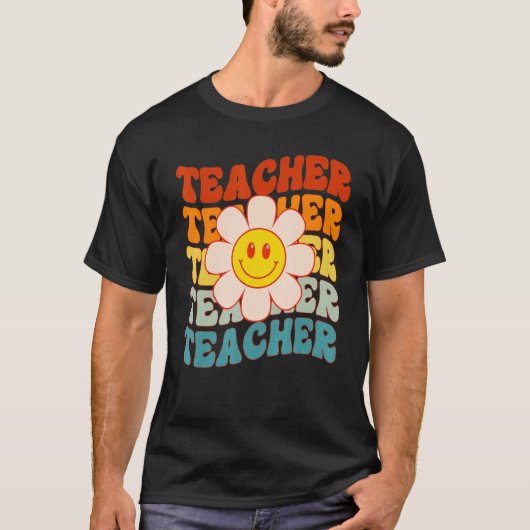Retro Groovy Teacher Happy Face Cute Daisy Flower T-shirt (Voorkant)