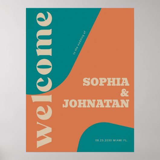 Retro groovy teal beige typography welcome wedding poster (Voorkant)