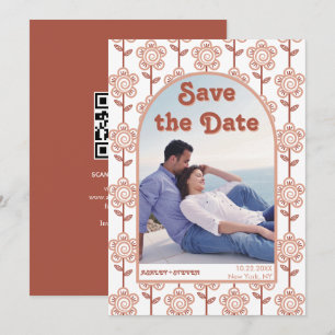 Retro groovy terracotta 70s geïnspireerd huwelijk save the date