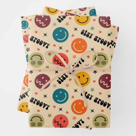 Retro Groovy Trippy Quirky Aesthetisch Gezicht Inpakpapier Vel (In situ)