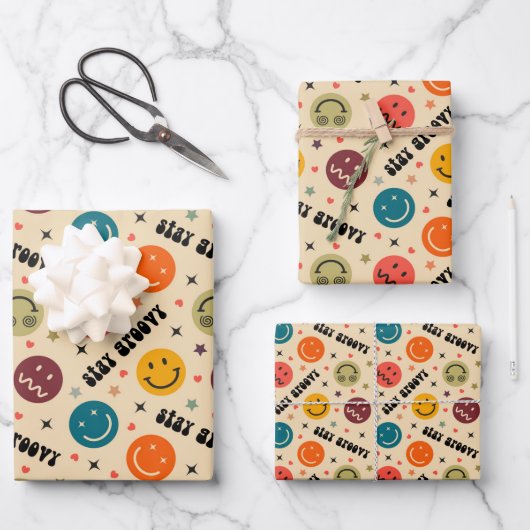 Retro Groovy Trippy Quirky Aesthetisch Gezicht Inpakpapier Vel (Voorkant)