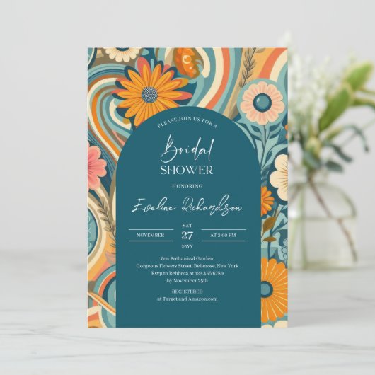 Retro groovy turquoise boho arch sinaasappel roze kaart (Staand voorkant)