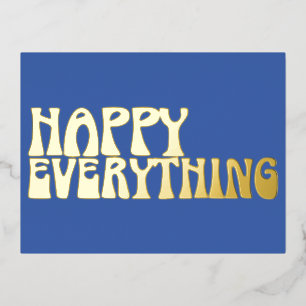 Retro Groovy Typografie Gelukkig Alles Blauw Goud Folie Feestdagen Briefkaart