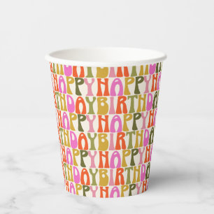 Retro Groovy Verjaardag Roze Oranje Olijfgroen Papieren Bekers