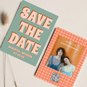Retro Groovy Vet & Fel Boho Bruiloft Qr Code Save The Date