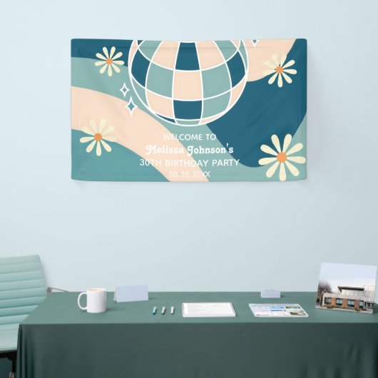 Retro Groovy Wave Disco Ball Daisy Green Verjaarda Spandoek (Beurs)