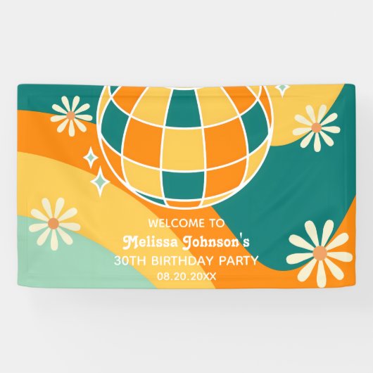 Retro Groovy Wave Disco Ball Daisy Sinaasappel Ver Spandoek (Horizontaal)