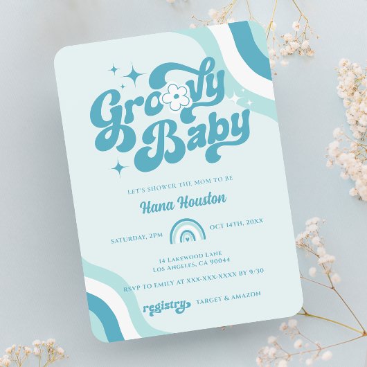 Retro Groovy Wavy Baby Boy Shower Kaart