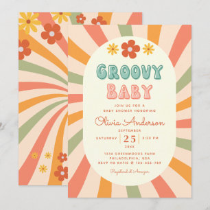 Retro Groovy Wavy Sunshine Flower Baby shower Kaart