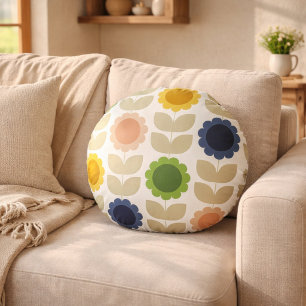 Retro Groovy Zomer Bloemen Stelen Rond Kussen