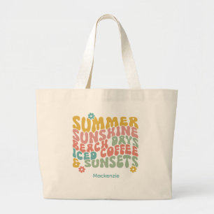 Retro Groovy Zomer Roze Monogram Naam Bagagelabel Grote Tote Bag