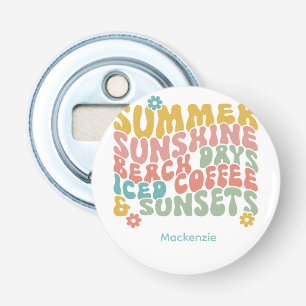 Retro Groovy Zomer Roze Monogram Naam Button Flesopener